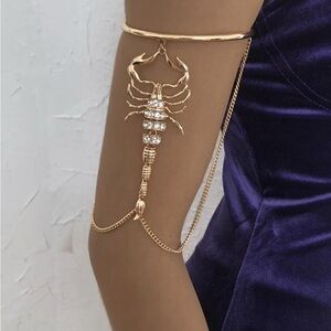 New Gold Scorpion Upper High Arm Cuff Bracelet w/ Rhinestone & Chain Accents